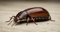 Close-up of a shiny, brown beetle on a wooden surface