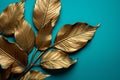 Close-Up of Shiny Gold and Leaves on a Blue Surface, Highlighting Intricate Patterns and Textures. Generative AI Royalty Free Stock Photo