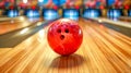 A close-up of a shiny red bowling ball on a polished wooden lane, with blurred pins and bokeh lights in the background.