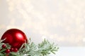 Red Christmas globe or ball with snowy foliage and red berries over a bright light background with natural bokeh and copy space Royalty Free Stock Photo