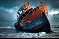 close-up of ship's broken hull after it ran aground in stormy weather