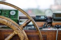 Close-up of the ship`s wheel on the bridge. Royalty Free Stock Photo