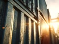 Close-up of a shipping container with sunlight highlighting its textured surface Royalty Free Stock Photo
