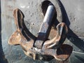Close up of ships anchor on side of boat Royalty Free Stock Photo