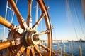 a close-up of the ships captain wheel