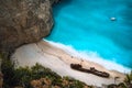 Close up of Shipwreck in Navagio beach. Famous tourist visiting landmark on Zakynthos island, Greece Royalty Free Stock Photo