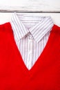 Close up shirt and red collar.