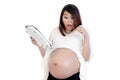 Shocked pregnant woman holding weigh scale Royalty Free Stock Photo