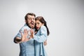 Close up Shocked Young Couple with Mouth and Eyes Wide Open Looking at Camera Royalty Free Stock Photo