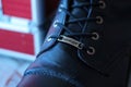 Close-Up of Shoe With Camelot Logo Label. Selective focus