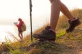 Close up shoe hiker. Group young women of hikers