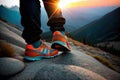 Close up on shoe Runner athlete feet running on mountain. AI