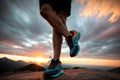 Close up on shoe Runner athlete feet running on mountain. AI