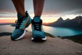 Close up on shoe Runner athlete feet running on mountain. AI