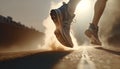 Close up on shoe, Runner athlete feet running on road under sunlight