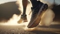 Close up on shoe, Runner athlete feet running on road under sunlight