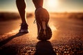 Close up on shoe, Runner athlete feet running on road under sunlight in the morning