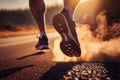 Close up on shoe, Runner athlete feet running on road under sunlight in the morning. Generative AI
