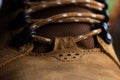 Close up shoelace on leather shoe. Brown shoe detail background. Thread sew pattern. Fashion Royalty Free Stock Photo