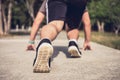 Close up on shoes, athlete runner feet running on track to begin