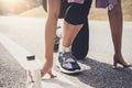 Close up on shoes, athlete runner feet running on track to begin