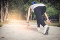 Close up on shoes, athlete runner feet running on track to begin