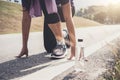 Close up on shoes, athlete runner feet running on track to begin