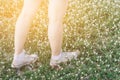 Close-up shoes hipster young girl relaxed time and enjoying nature around in the forest.