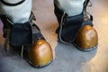 Close-up shoes of an old vintage three-bolt deep-sea diving suit. Suit for deep sea diving of the last century. The Royalty Free Stock Photo