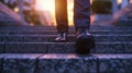 Close-up on the shoes of a professional ascending steps against the sunset backdrop in a bustling city environment.