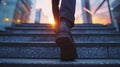 Close-up on the shoes of a professional ascending steps against the sunset backdrop in a bustling city environment.