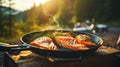 close up shoot frying organic salmon on camping