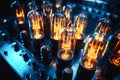 Close-up shot of activated glass vacuum tubes as part of the internal working of a valve analogue sound amplifier Royalty Free Stock Photo