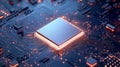 A closeup shot of an advanced microprocessor chip on a circuit board showcasing its intricate design and the complex pathways of