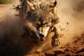 Close-up shot of angry gray wolf running through sand and mud in middle of desert