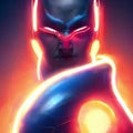 Close Up Shot Of An Anonymous Superhero With Helmet And Armor, Illuminated With Neon Lights