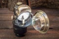 Close up shot of a antique early 1900s carbide cycle lamp. Royalty Free Stock Photo