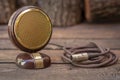 Close up shot of a antique 50s microphone with cables and box.