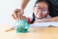 Close up shot Asian little girl in Thai student kindergarten uni Royalty Free Stock Photo