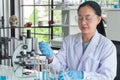 Close up shot asian woman scientists, expert test tube making research Royalty Free Stock Photo