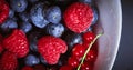 Close up shot of assorted colorful fresh berries. Natural source of vitamins. Full frame fruit background