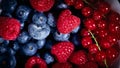 Close up shot of assorted colourful fresh berries. Natural source of vitamins. Full frame fruit background