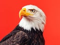 A close-up shot of a bald eagle's head and neck against a bright red background Royalty Free Stock Photo