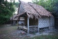 Close up shot of a bamboo bungalow hostel with a thatch roof made of palm tree leaves, a wooden foundation, patterns on the walls Royalty Free Stock Photo