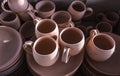 Close-up shot for batch of traditional turkish coffee handmade cup design from clay