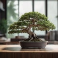 beautiful bonsai tree that is placed on a sleek modern table