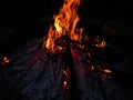 Close-up shot of a beautiful burning flames and smoke at campsite at night Royalty Free Stock Photo