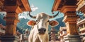 Close up shot of beautiful cow in a sacred place with mountains hills