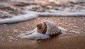 Beautiful seashell on the beach. Wet sand, foamy sea water. Natural scene Royalty Free Stock Photo