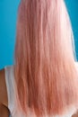 Close up shot of beautiful sleek natural long pink color dyed hair of young woman standing isolated over blue studio